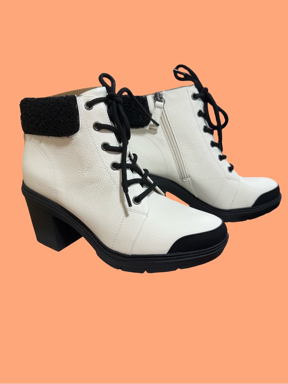 Dr. Scholl's White and Black Lace-Up Block Heel Ankle Boots with Side Zip